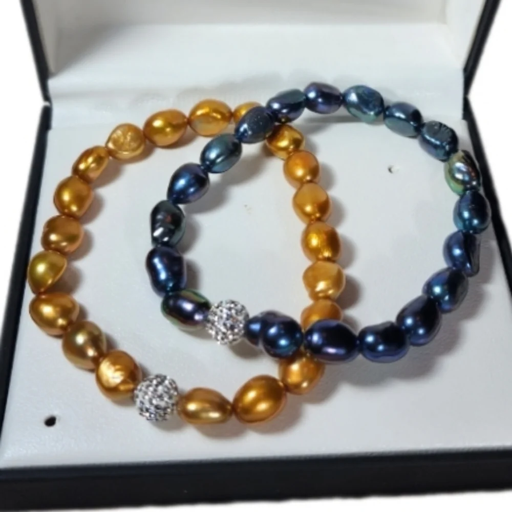 Bracelet Cultured Pearl Blue and Gold with Rhinestones Set